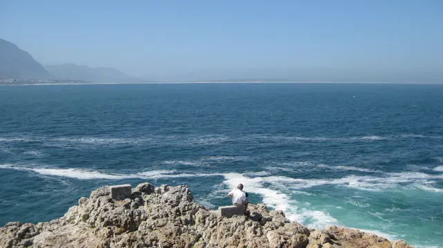 A person sits on pale coastal rocks above white surf.