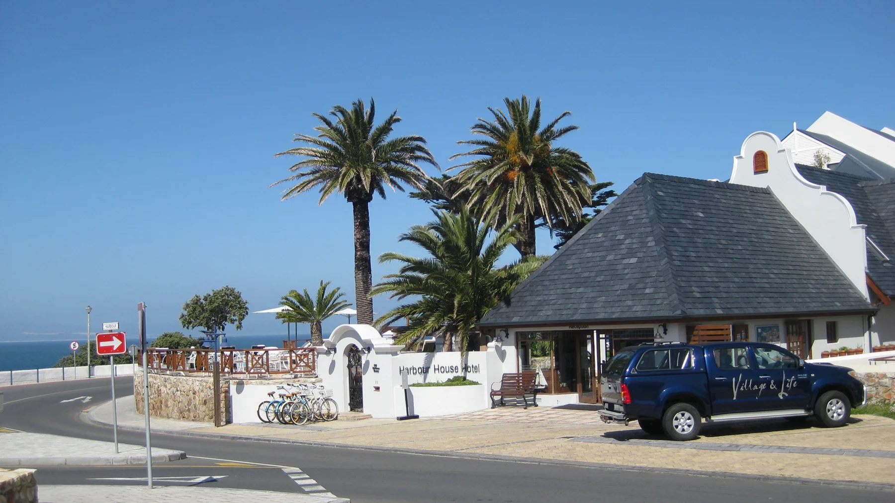 Tall palms rise beside a thatched roadside building.
