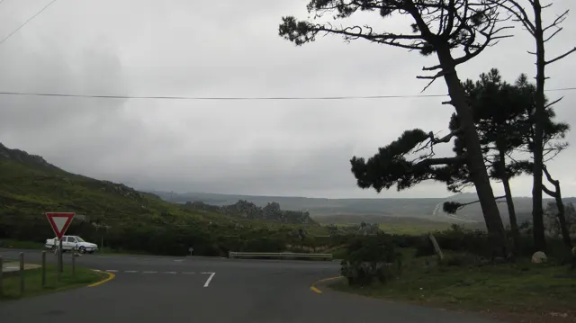 A road meets a junction beside dark trees and clouded hills.