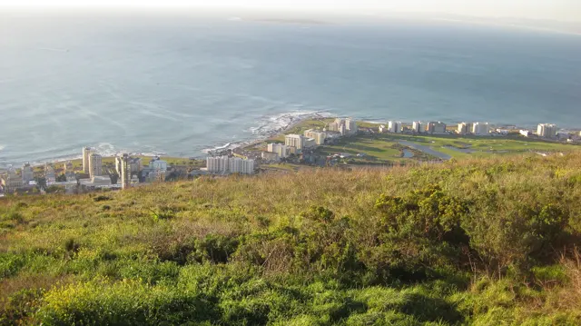 A grassy hillside overlooks a row of coastal buildings and blue sea.