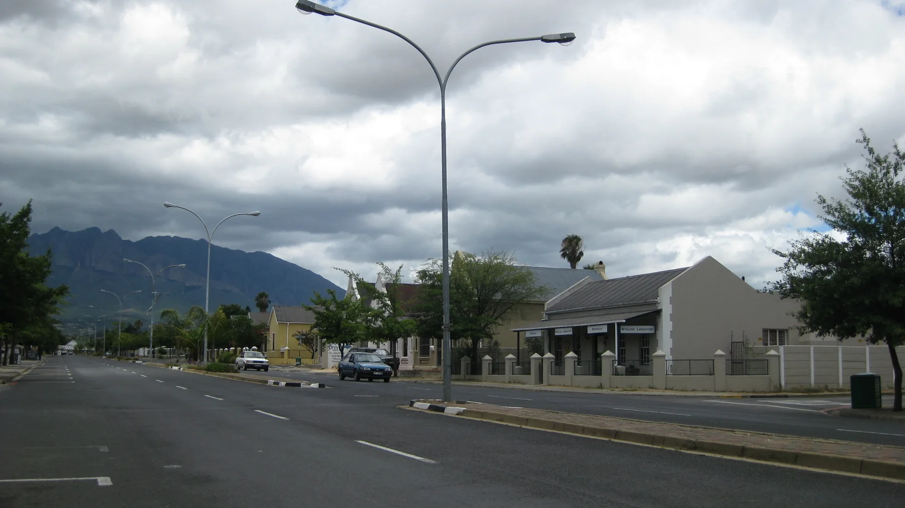 A twin-armed streetlight rises above a quiet street and low buildings.