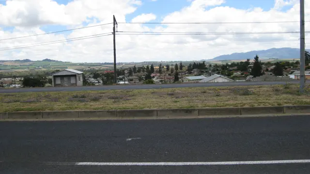 Low buildings and utility poles stand beyond a grassy roadside strip.