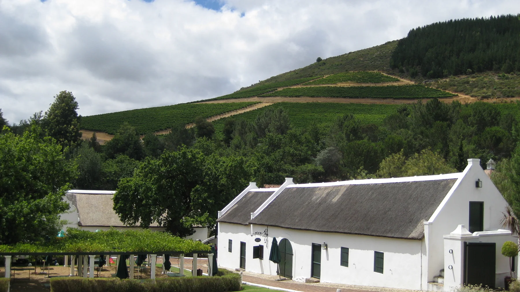 White farm buildings stand beneath cultivated green slopes.