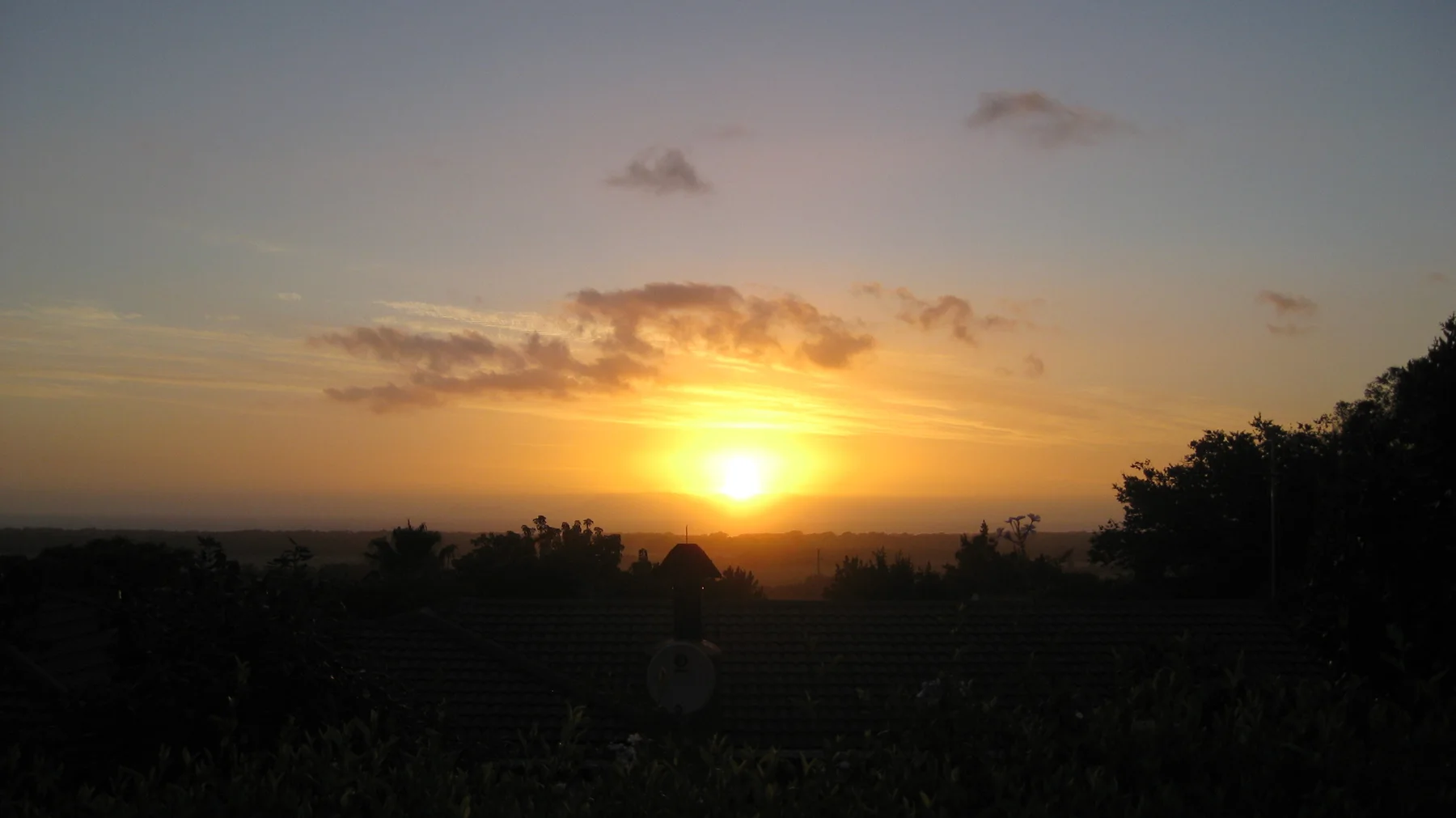 A glowing sun hangs above silhouetted garden trees.