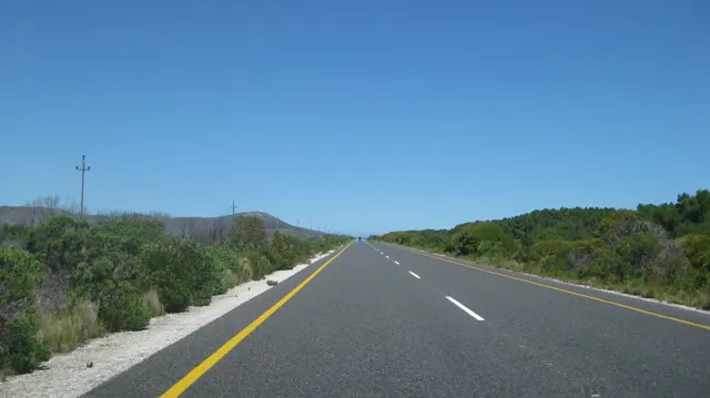 A straight paved road runs between low shrubs under blue sky.