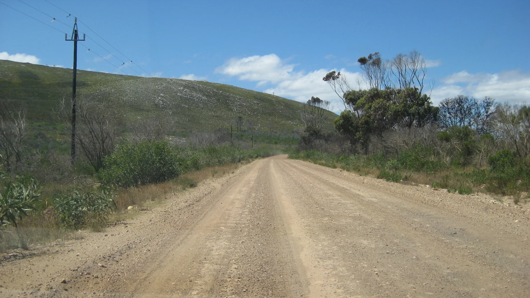 A dusty lane passes a low hill and scattered roadside trees.