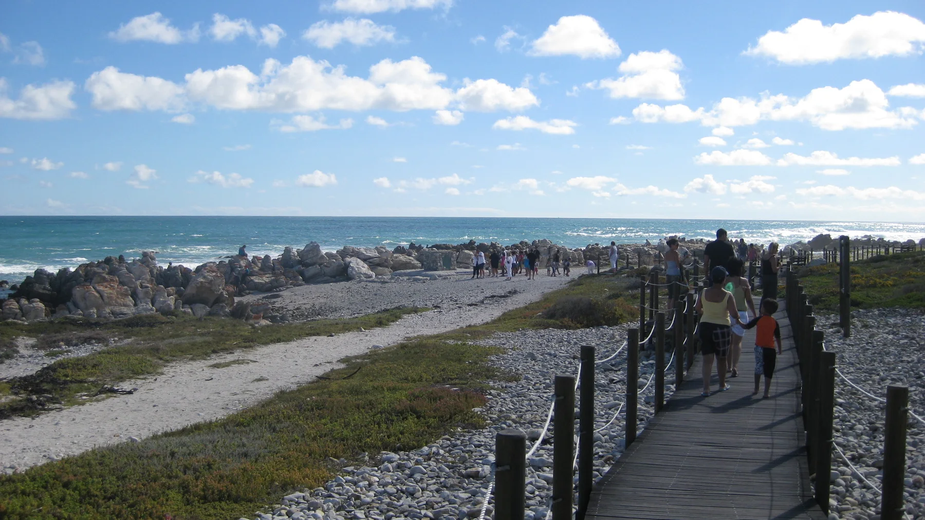 People walk along a raised boardwalk beside a rocky shore.