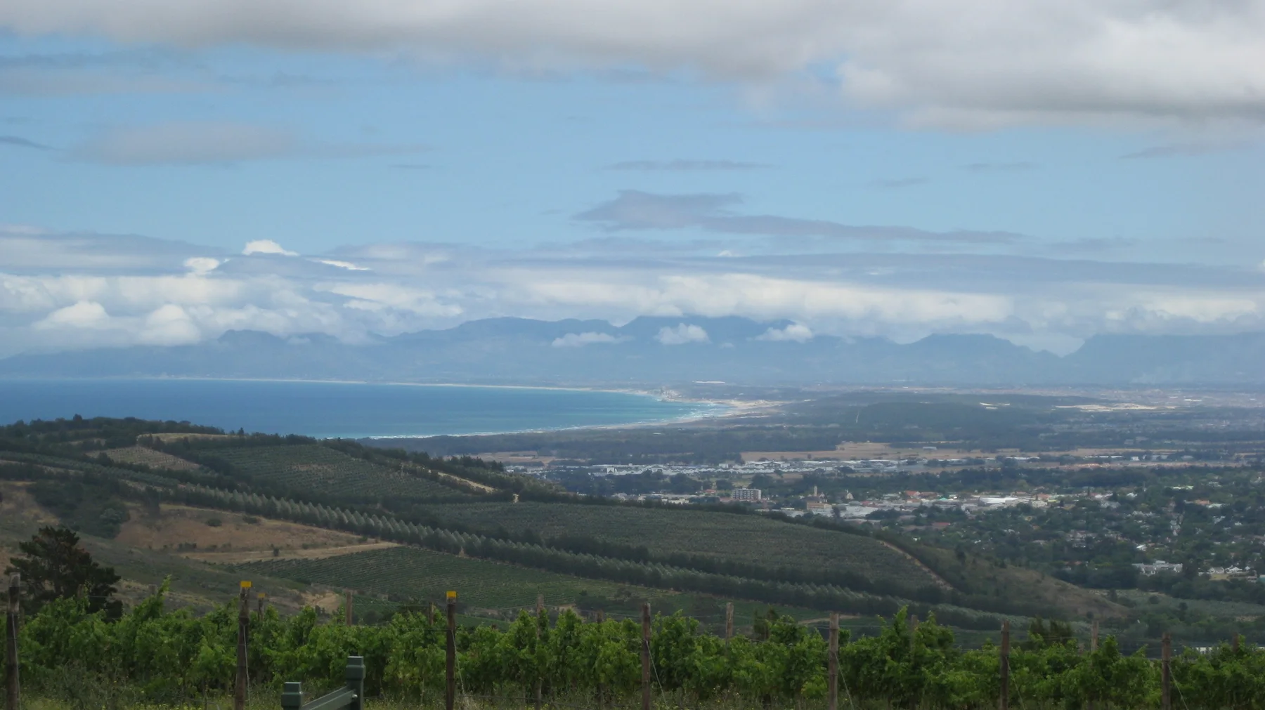 Fields and vineyards slope toward a distant coastal bay.