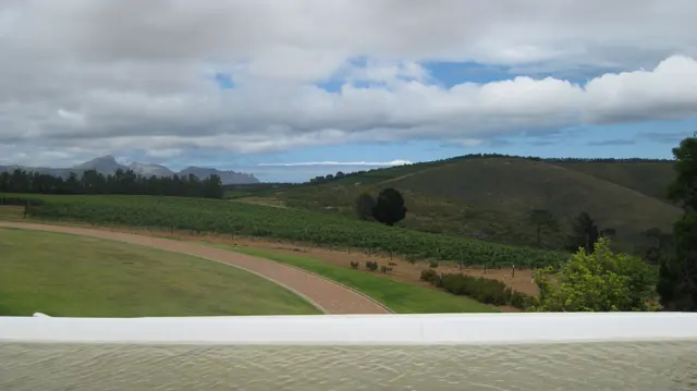 A pale curved path crosses a lawn below cultivated hills.