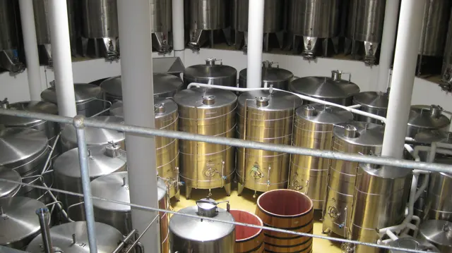 Large stainless-steel tanks fill a bright winery interior.