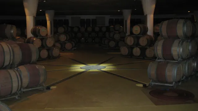 Stacked barrels surround an open cellar floor with a central pattern.
