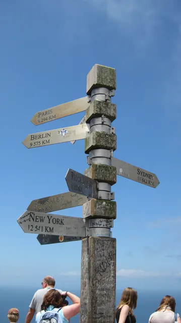 Wooden arrows point from a tall coastal direction post.