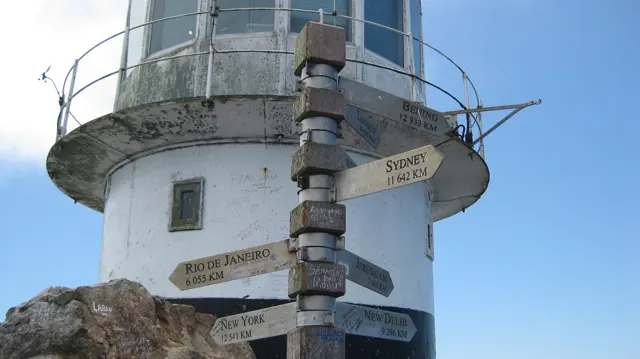 A wooden signpost stands beside the lighthouse's circular balcony.