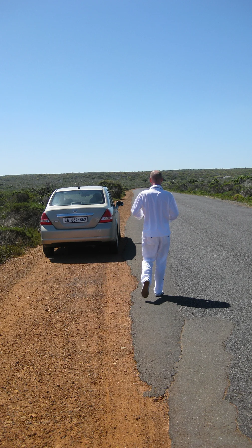 A person stands beside a parked car on a quiet roadside.