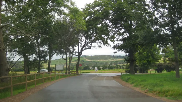A lane passes between trees and wooden fencing toward open grounds.