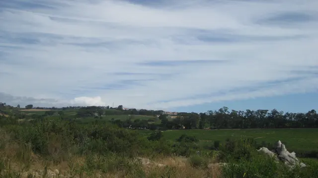 Green fields lie beneath long streaks of white cloud.