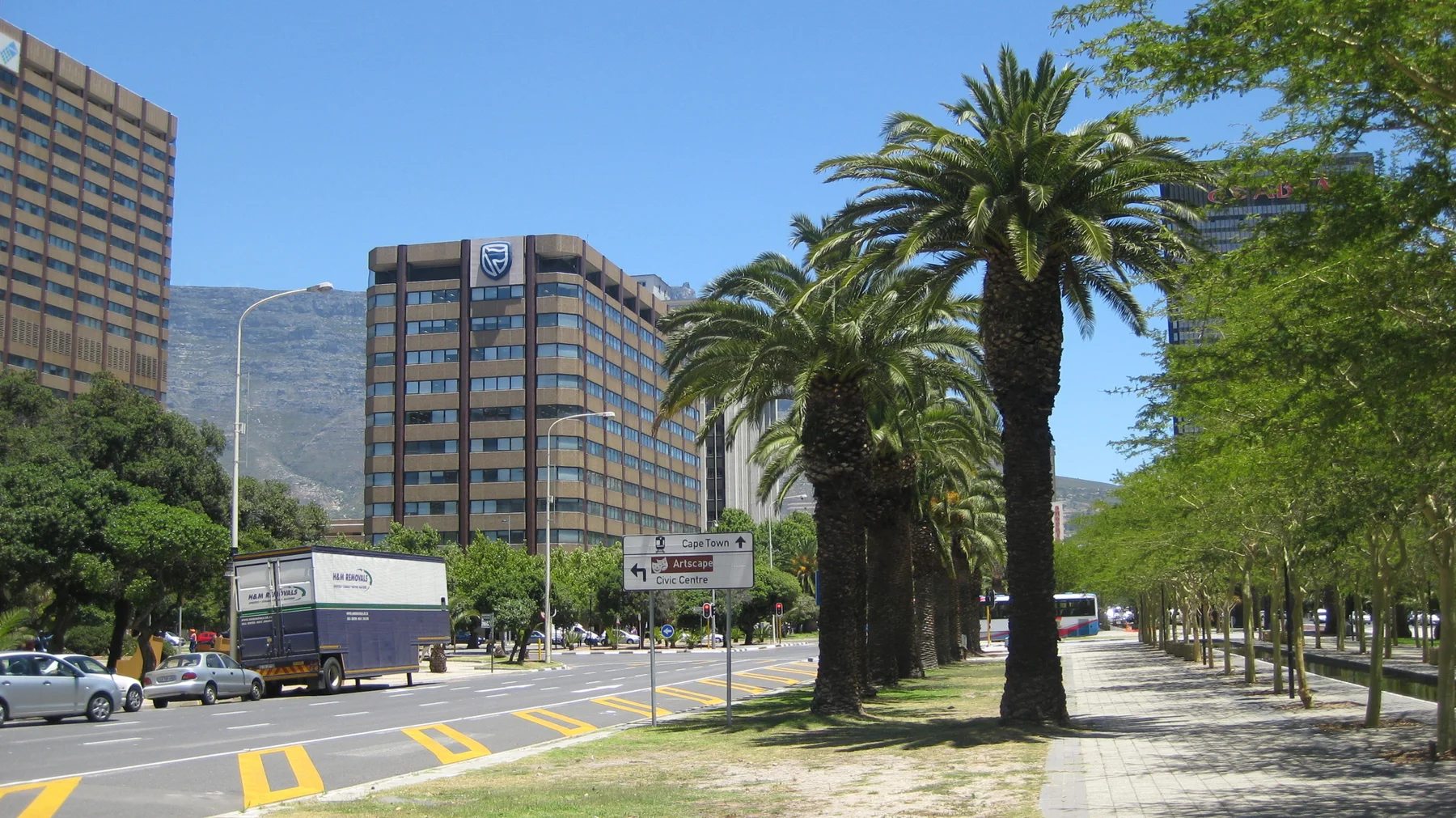Tall palms line a paved walkway beside city office buildings.
