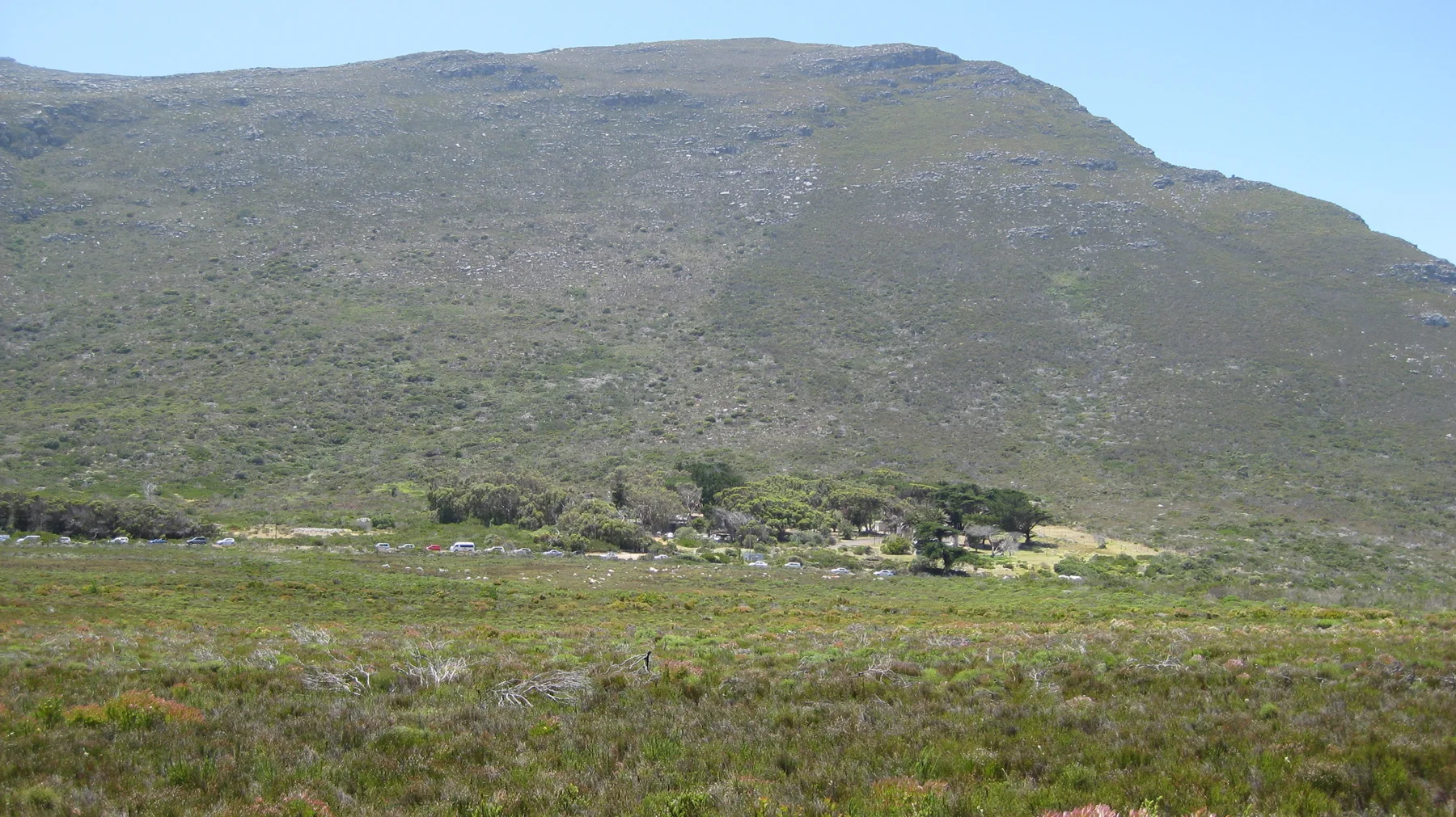 A broad mountain wall rises beyond a flat scrub-covered plain.