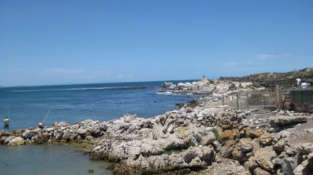 Pale rocks line blue water beside a fenced coastal path.