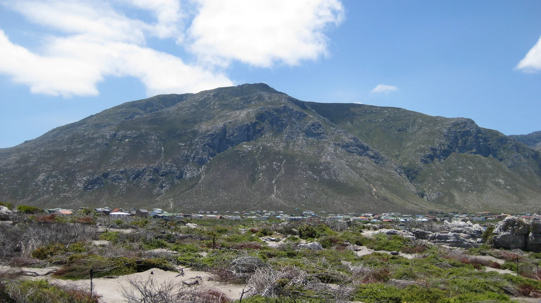 A broad mountain rises beyond low buildings and rocky coastal ground.