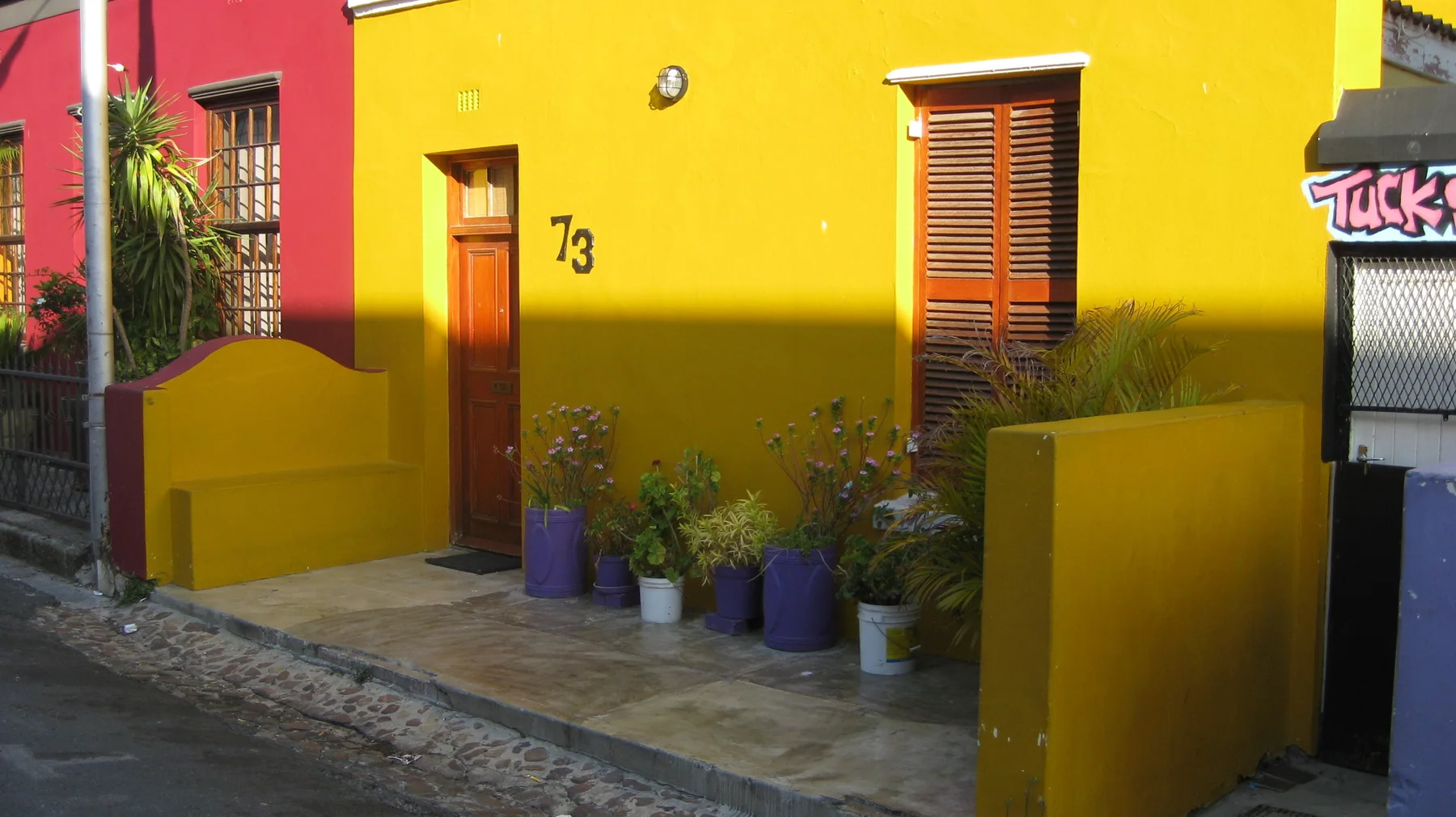 Potted plants sit below a shuttered window on a yellow house.