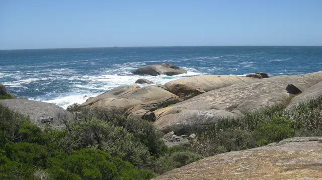 Smooth rounded boulders and dark vegetation frame white waves along the shore.