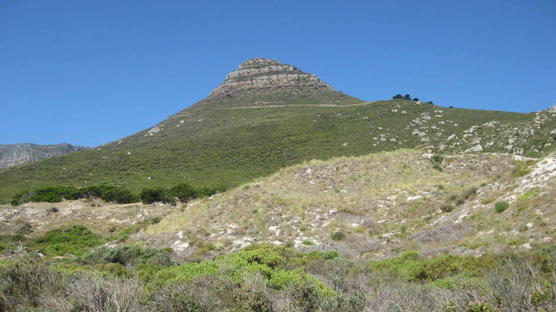 A pointed mountain peak shows pale rocky layers above a green foreground slope.