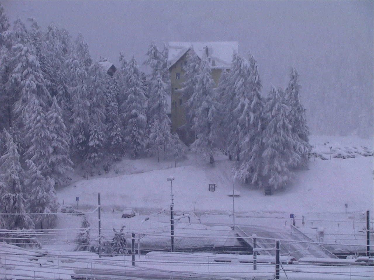 A building is partly hidden by heavily snow-covered trees beyond railway lines in a muted winter landscape.