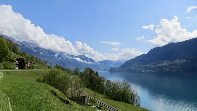 Railway tracks follow a green lakeside slope toward distant mountains.