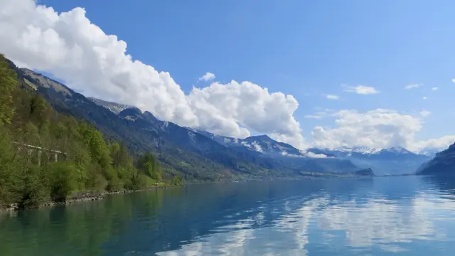 Trees and distant mountain ridges reflect in a quiet lake beside a stone wall.