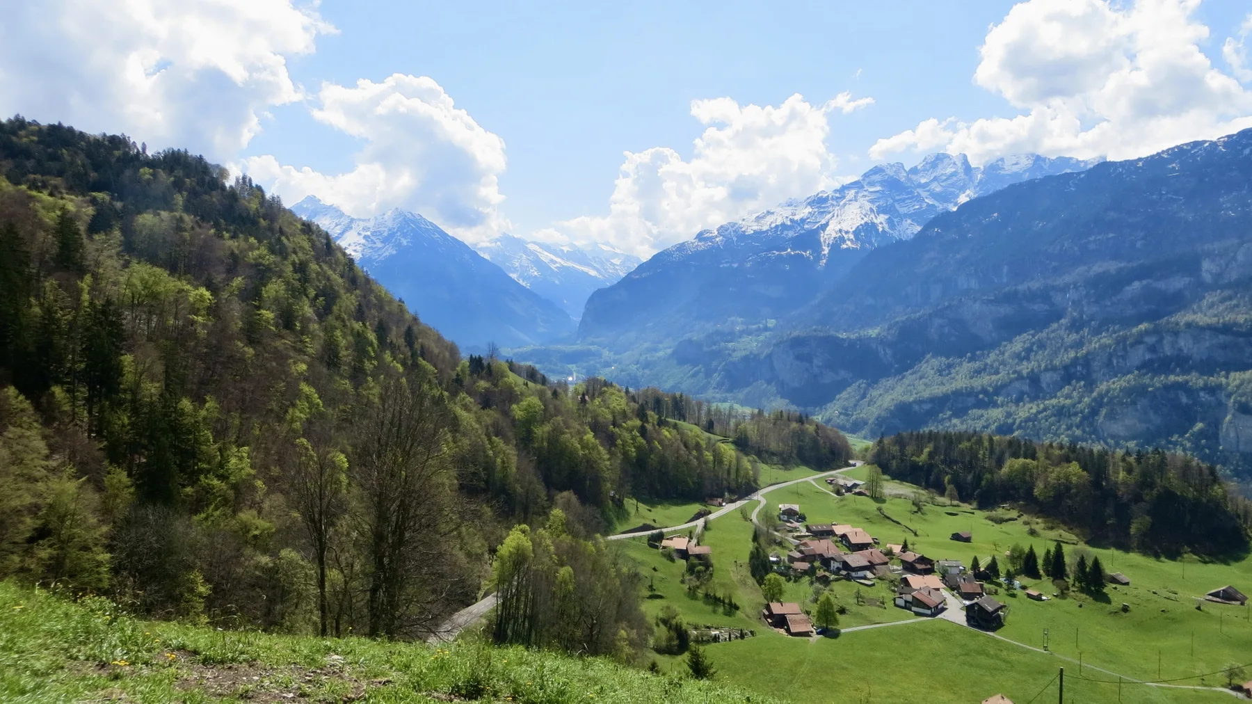 A small settlement occupies a green valley surrounded by woodland and snowy peaks.