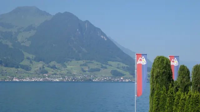 Two red flags and clipped shrubs stand above a blue lake facing a steep mountain.