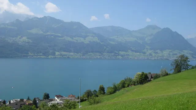 A sloping meadow overlooks lakeside roofs, blue water and green mountains.