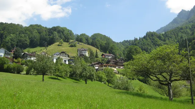 Scattered hillside homes rise above a green meadow and orchard trees.