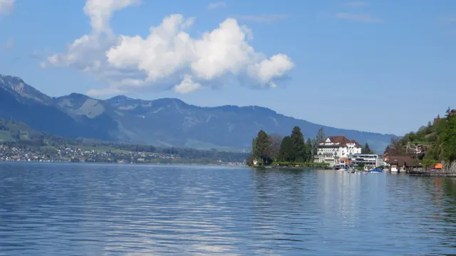 White lakeside buildings and trees stand on a point beneath distant mountains.