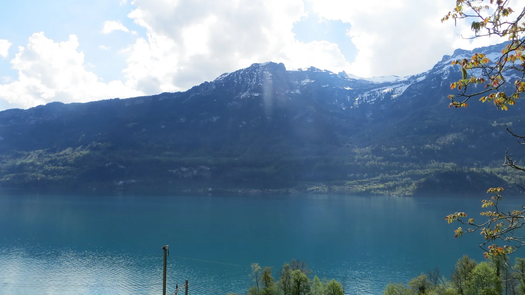 A high mountain shoreline rises above deep blue water, framed by a few branches.
