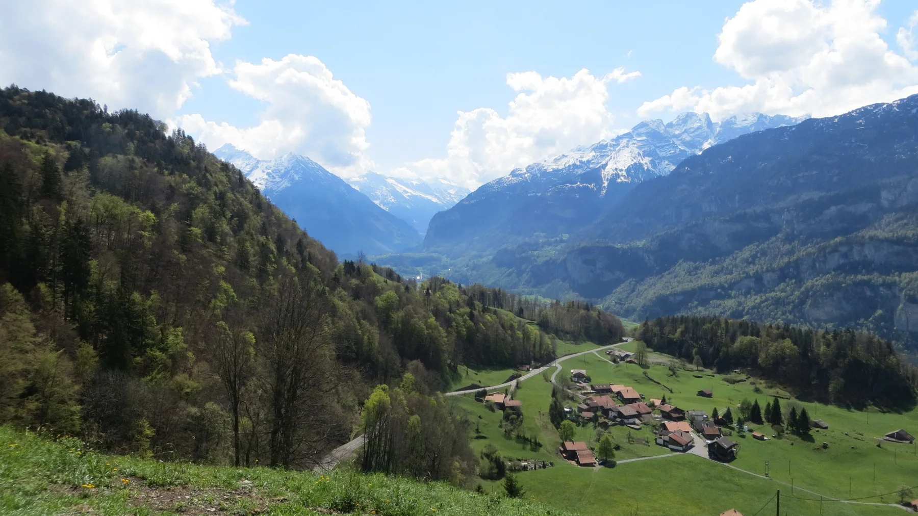 A small group of buildings sits in a green valley between woodland and snowy mountains.