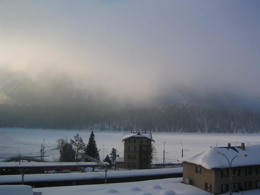 Low fog hangs above snowy ground, dark trees and a few buildings.