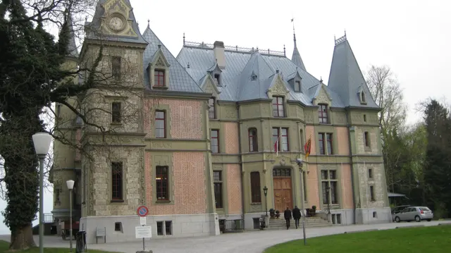 Decorative stonework and steep gray roofs shape the facade of a large historic-looking building.
