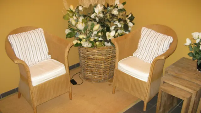 Two pale wicker chairs flank a tall basket of white flowers against a yellow wall.