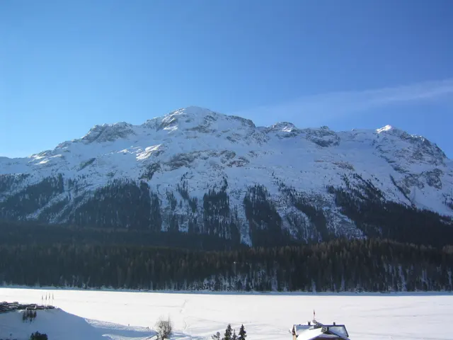 A broad snowy mountain rises beyond dark forest and a white valley floor.