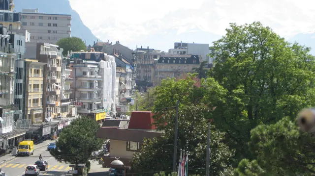 Pale multistory buildings rise above a street and leafy trees near the lake.