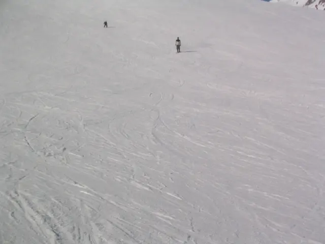 Fine ski tracks curve across a pale slope beneath distant figures.