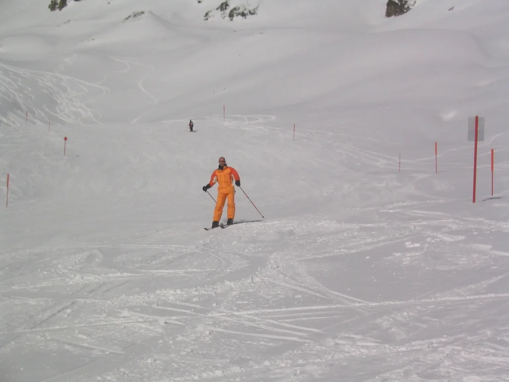 A skier in orange stands beside thin red poles on a pale snowy slope.