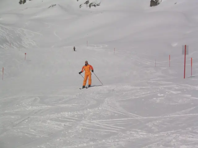 A skier in orange stands beside thin red poles on a pale snowy slope.