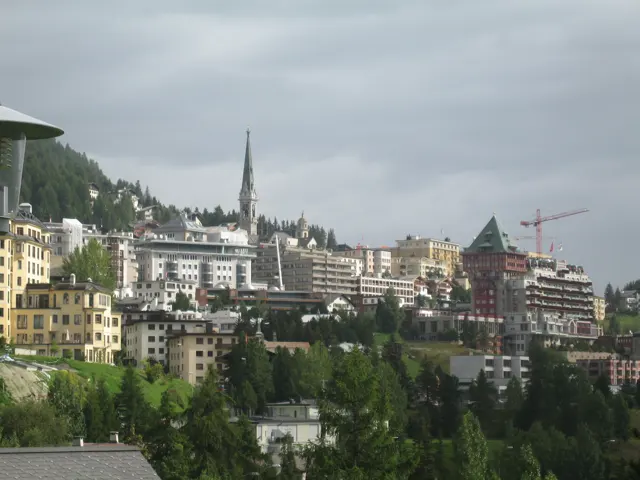 Tall buildings and a church spire cluster on a wooded hillside beneath gray clouds.