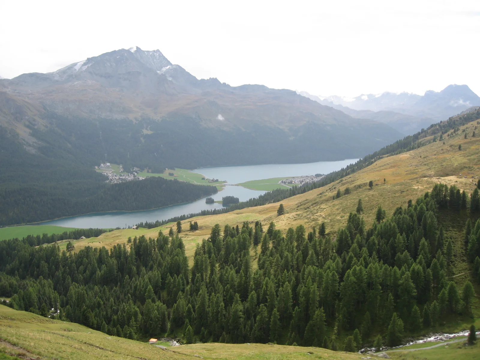 A grassy mountainside overlooks forests and linked stretches of lake in a broad valley.