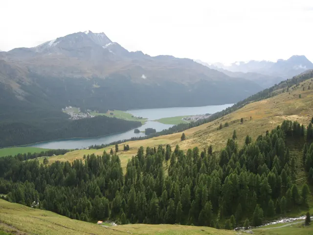 A grassy mountainside overlooks forests and linked stretches of lake in a broad valley.
