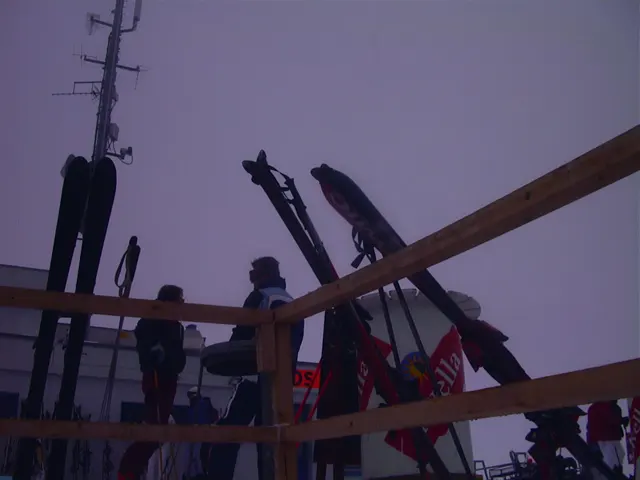 Upright skis stand behind a wooden railing beside a snowy terrace.