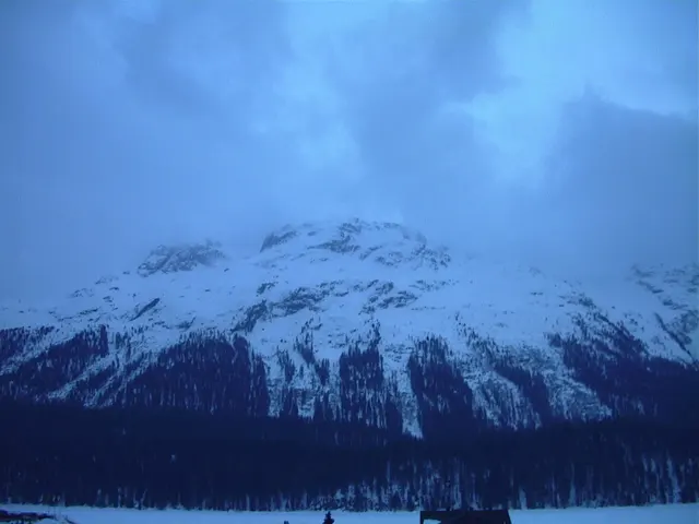 Blue-toned clouds hang over a snowy mountain above a dark forest.